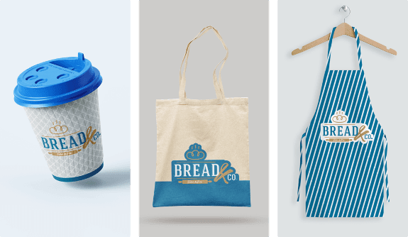 Aplicaciones de Bread&Co en vaso, bolsa de tela y delantal