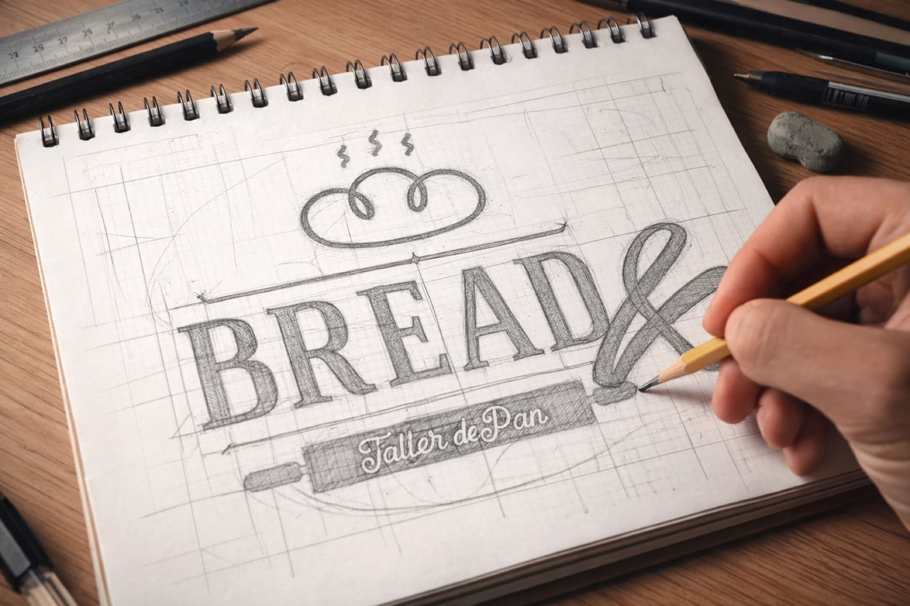 Boceto a lápiz del nuevo lettering y símbolo de pan de Bread&Co