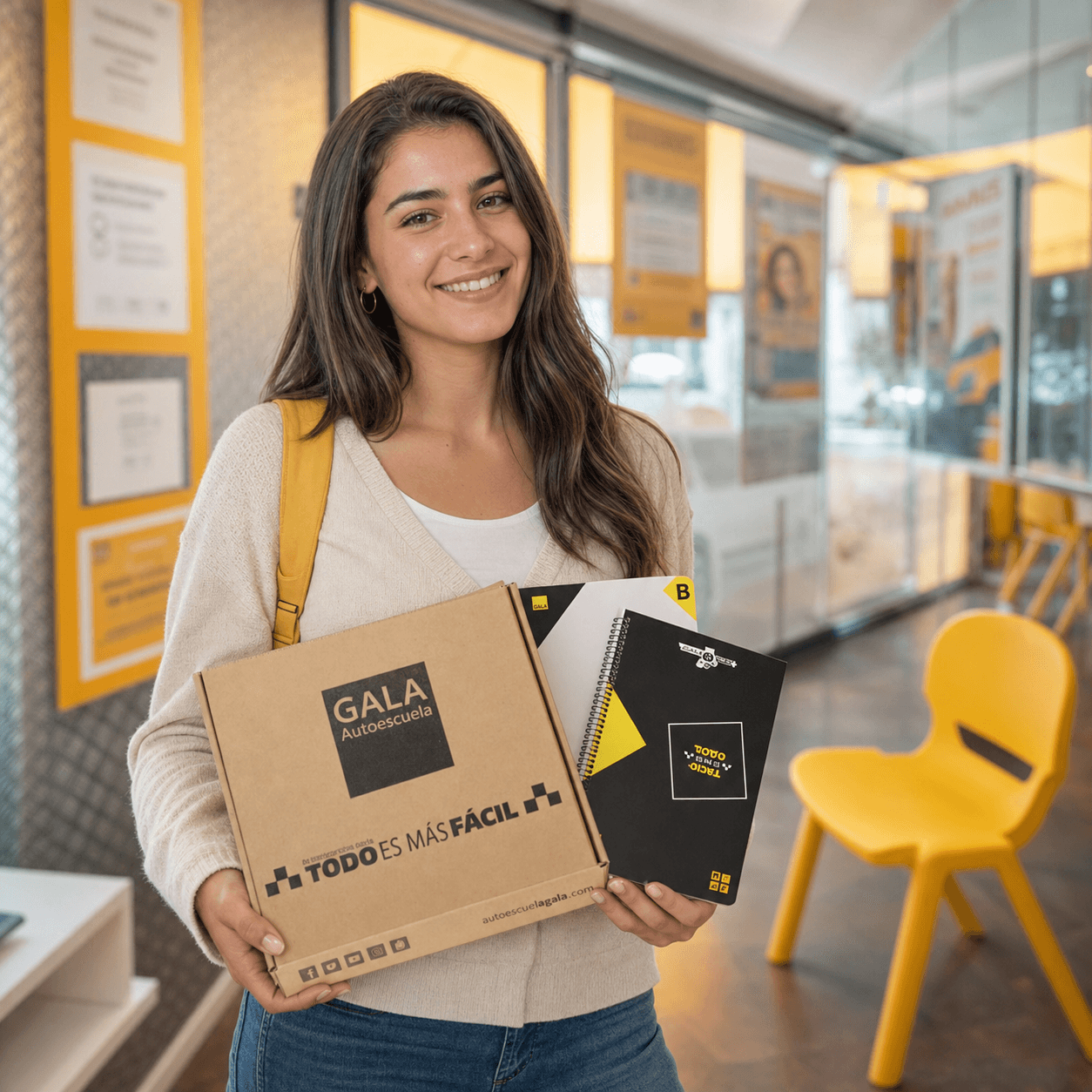 Alumna de Autoescuela Gala con la caja y los materiales del Pack Todo Incluido