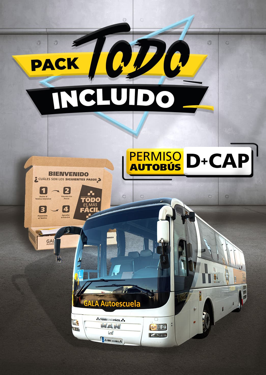 Creatividad del Pack Todo Incluido de Autoescuela Gala para autobús D más CAP