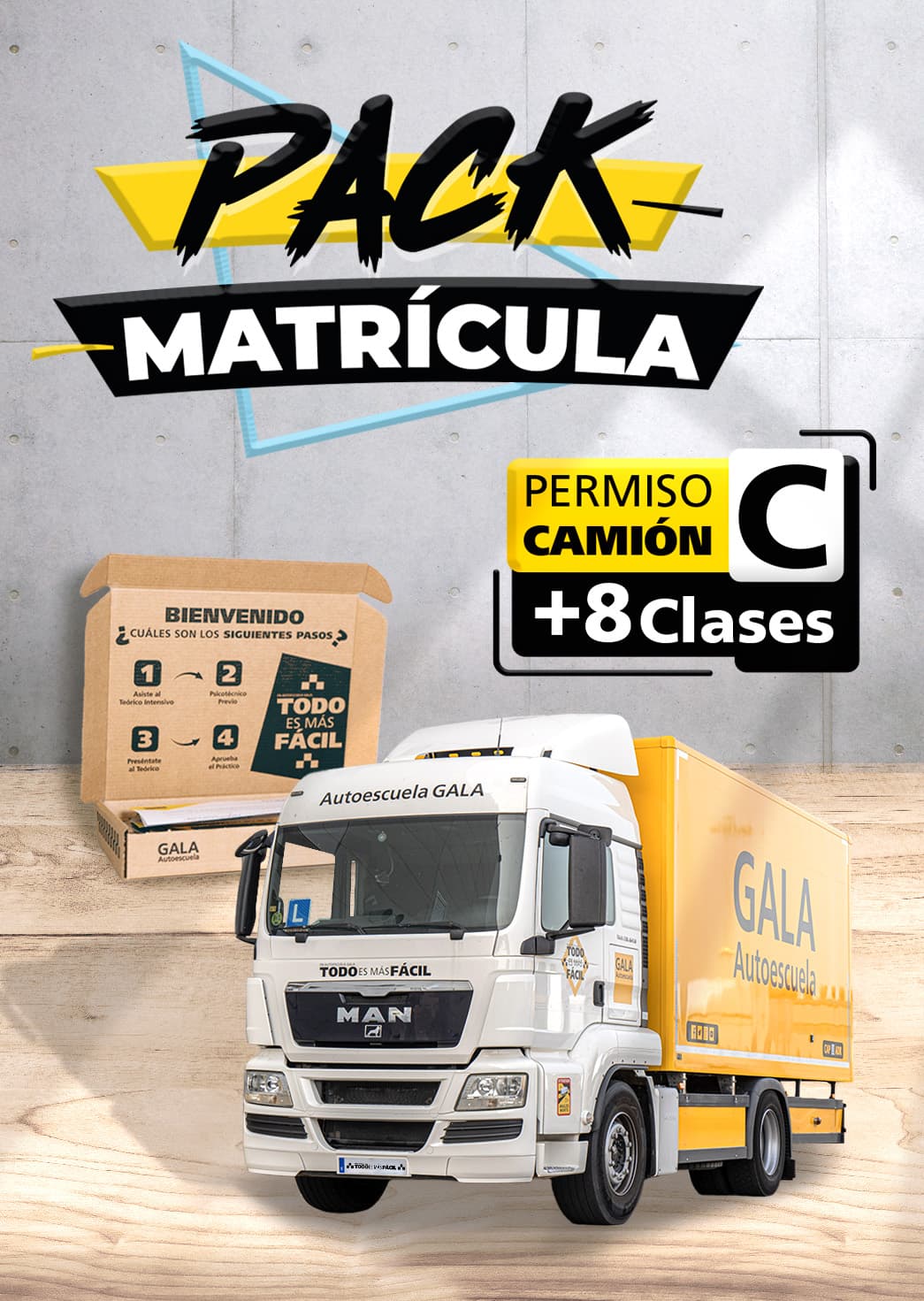 Creatividad del Pack Matrícula de Autoescuela Gala para camión C con ocho clases