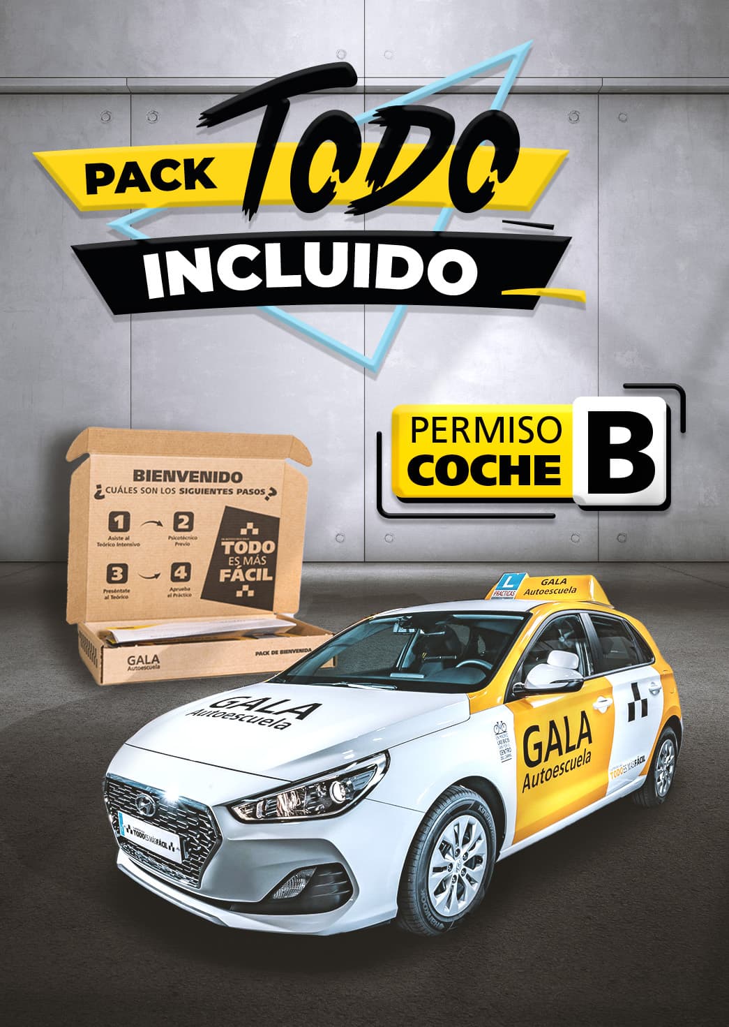 Creatividad del Pack Todo Incluido de Autoescuela Gala para el permiso de coche B