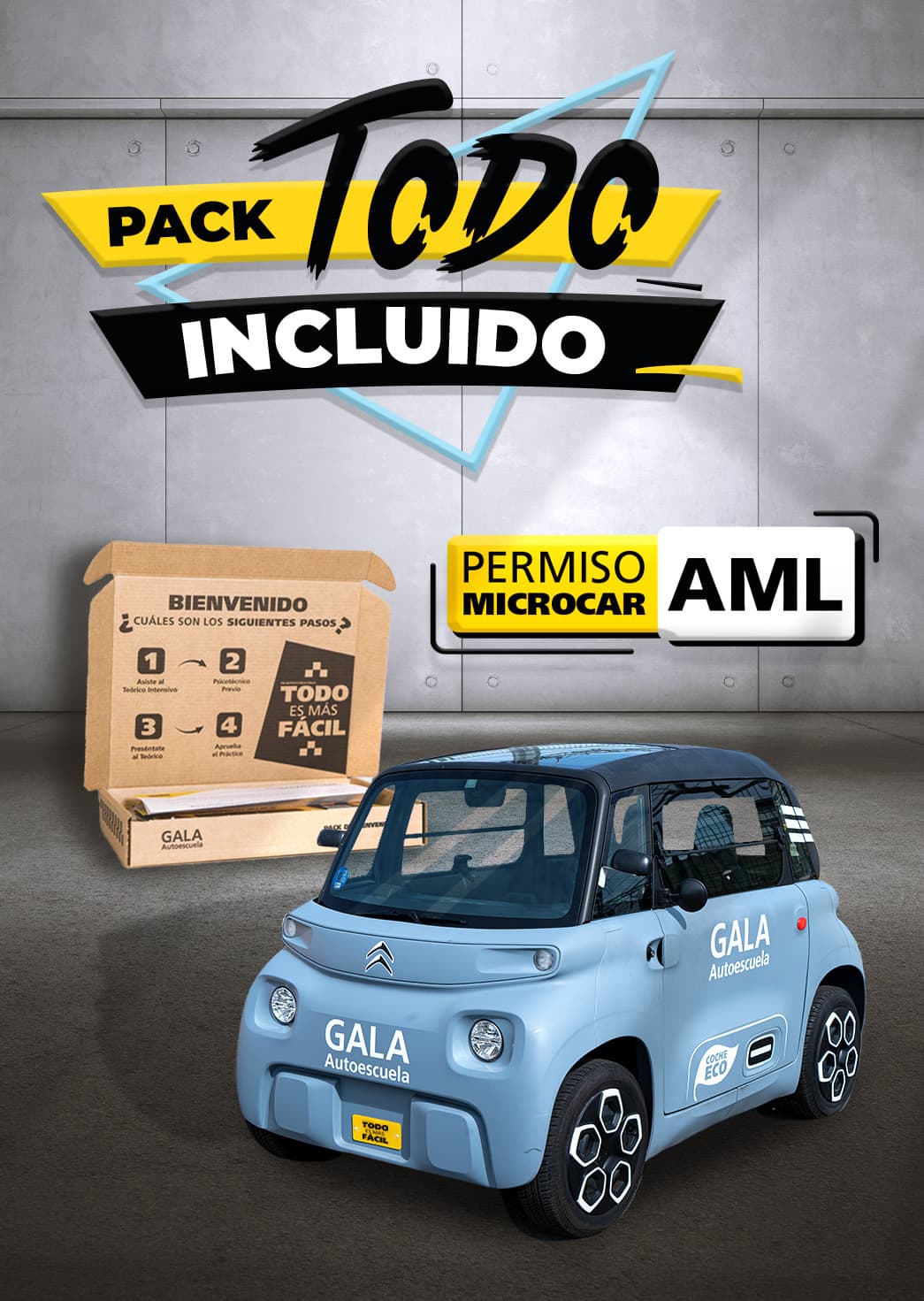 Creatividad del Pack Todo Incluido de Autoescuela Gala para el permiso Microcar AML