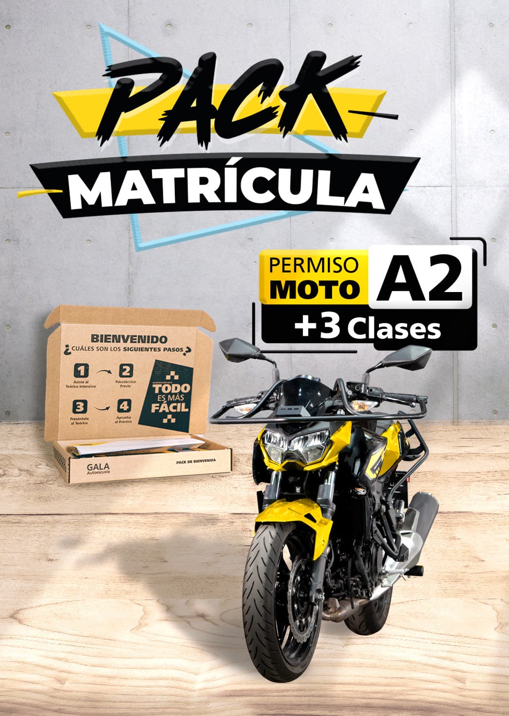 Creatividad del Pack Matrícula de Autoescuela Gala para moto A2 con tres clases