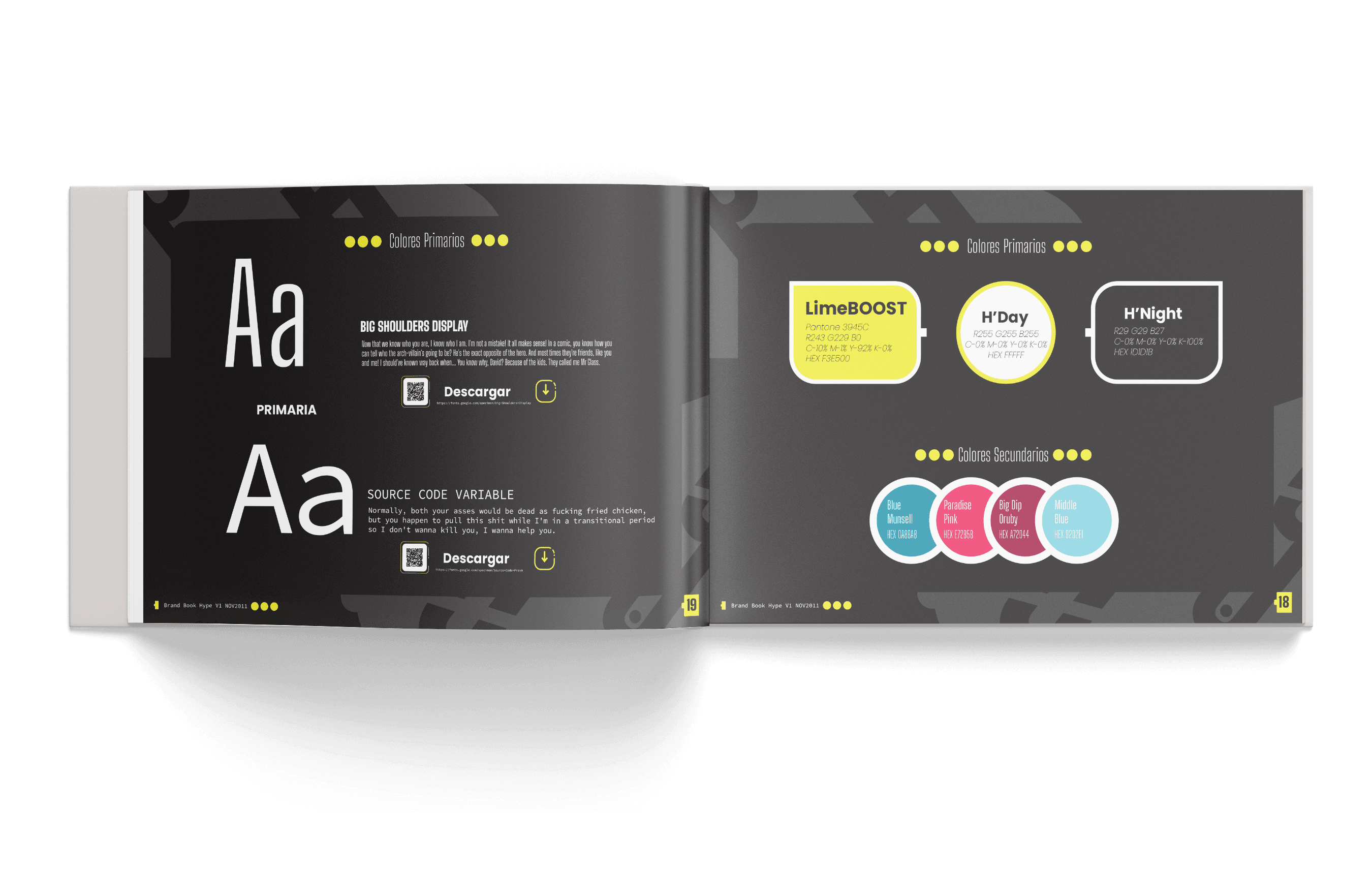 Manual de marca Hype abierto en las páginas de tipografía y paleta cromática
