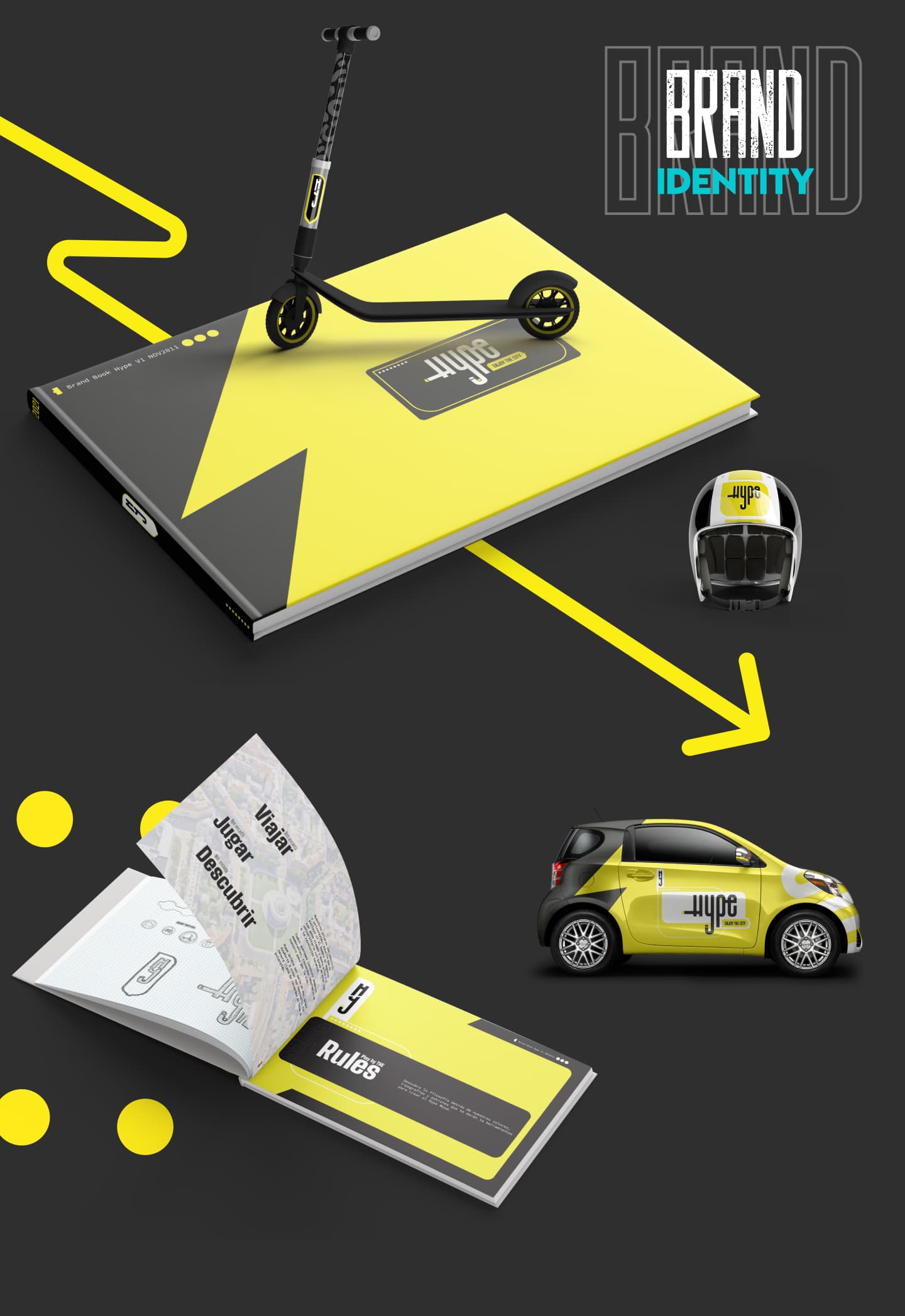 Universo visual de Hype con manual de marca, patinete, casco, microcoche y aplicaciones editoriales