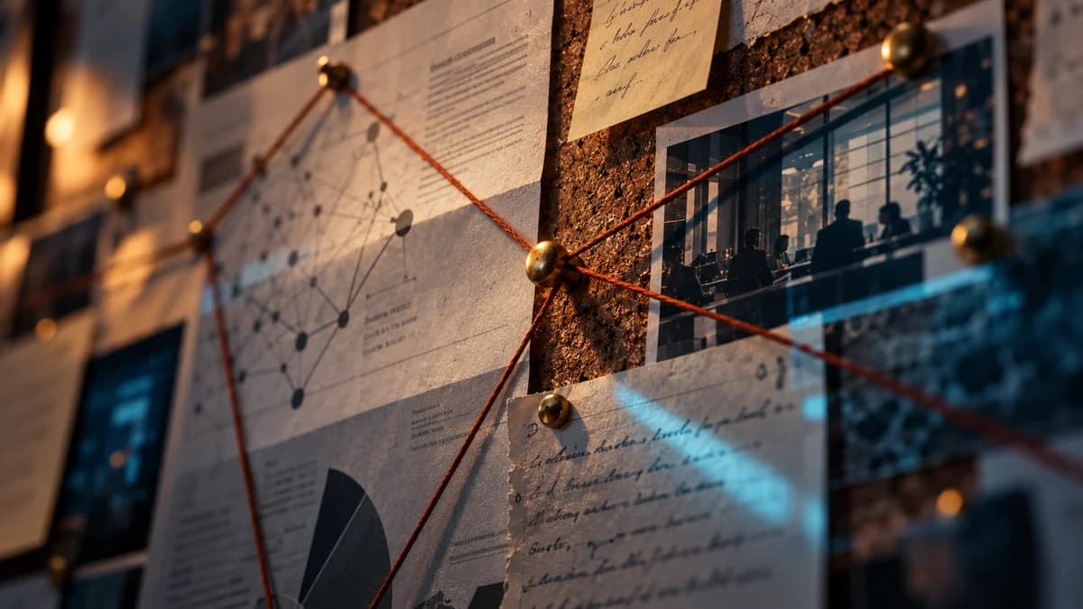 Detalle ilustrativo del tablero: documentos, una fotografía de equipo y conexiones sobre corcho