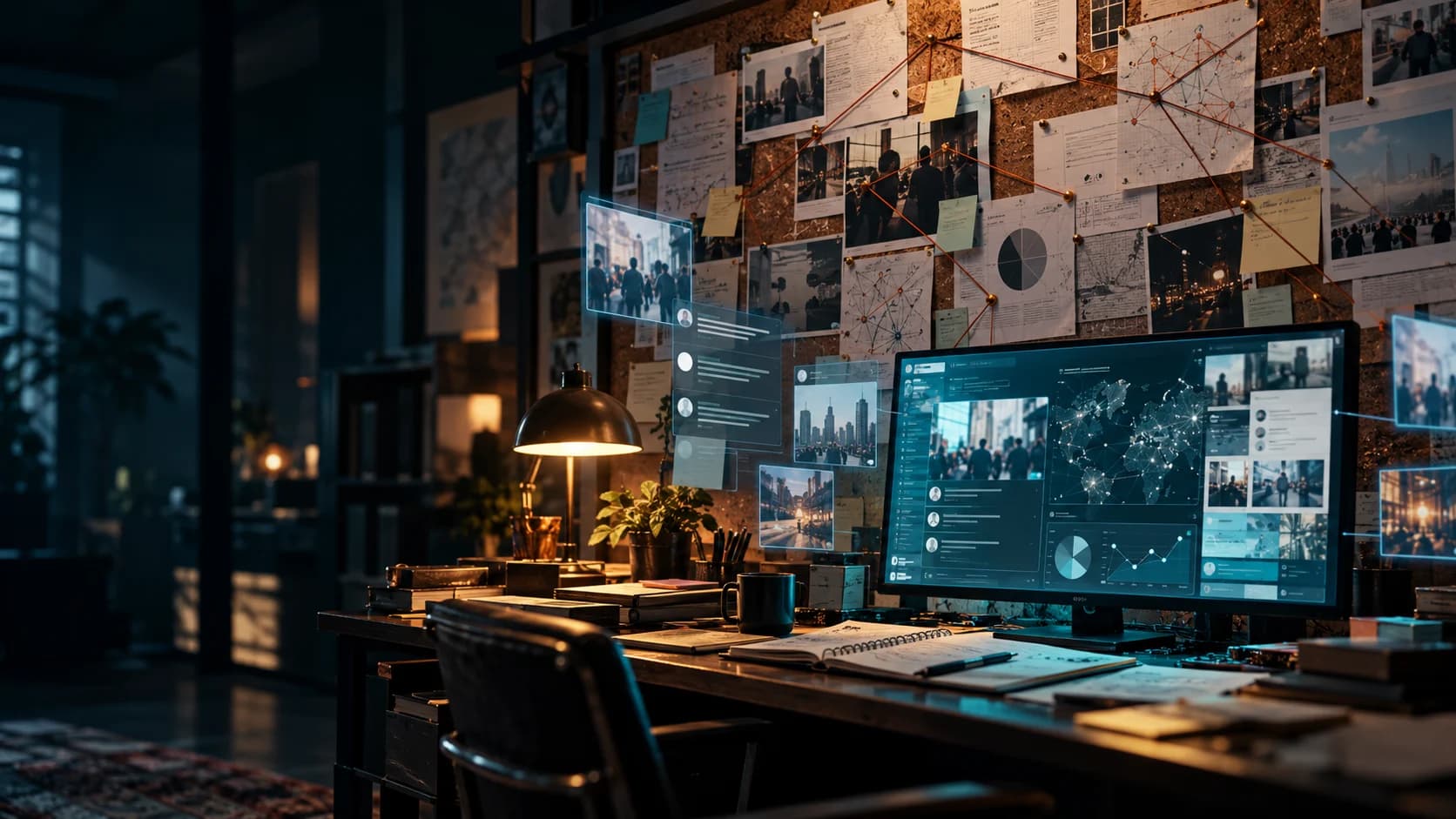 Ambientación ilustrativa: un ordenador y un tablero físico conectan documentos en un espacio de investigación