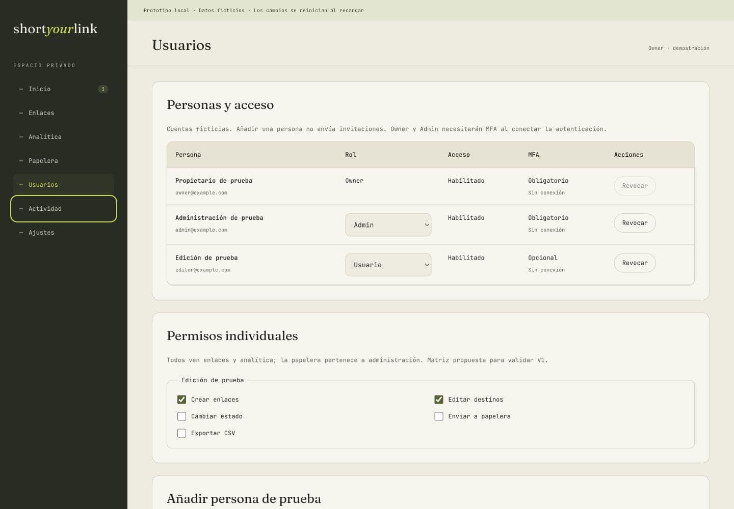 Vista de escritorio del prototipo funcional de shortyourlink