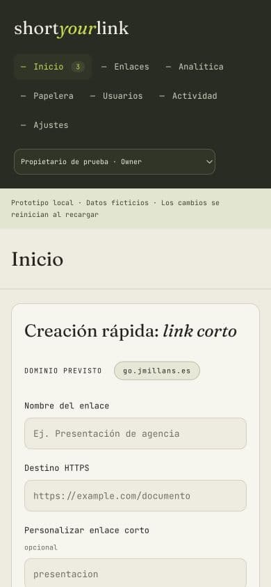 Vista móvil del prototipo funcional de shortyourlink